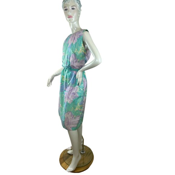 80s/90s Floral Cotton Dress With Elastic Waist And Belt Size M/L - Picture 3 of 5